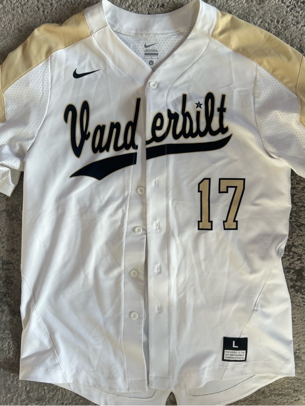 Nike White Baseball Jersey with Black Logo and Dotted Liner